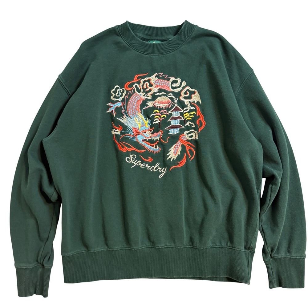 Superdry Womens Green Embroidered Dragon Crewneck Sweatshirt US 10 XL